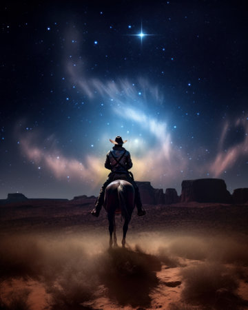 Cowboy on horseback against starry sky, milky way galaxy. Digital Paintingの素材