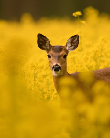 A young whitetail deer in a field of yellow flowers.の素材