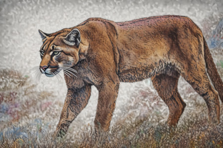 Pointillism painting of a mountain lion stalking prey in the wildの写真素材