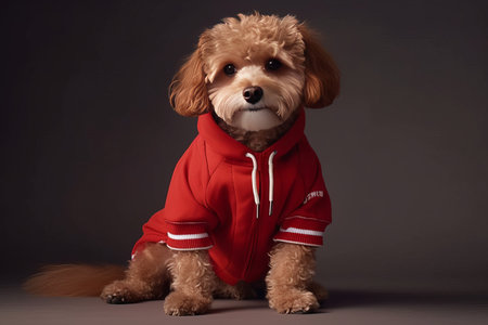 Studio portrait of a cute little poodle wearing a red jacket.の素材