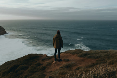 A woman standing on top of a cliff and looking at the seaの素材
