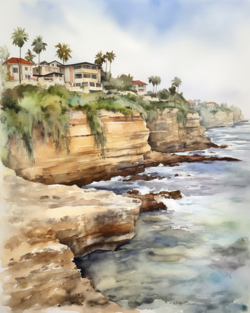 Digital watercolor painting of the cliffs and beach near La Jolla Cove in San Diegoの写真素材
