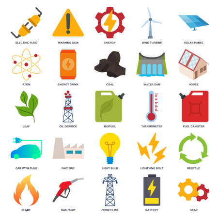 renewable energy, green technology icon set, Included icons as Light Bulb, Folder, Solar Panel, Battery and more symbols collection, logo isolated vector illustrationのイラスト素材