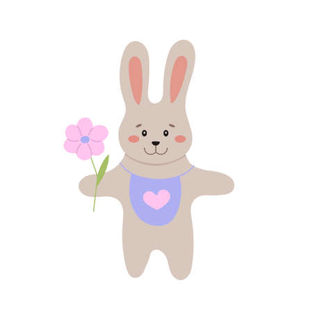 Cute bunny with flowers vector illustration. Cartoon little rabbit.のイラスト素材