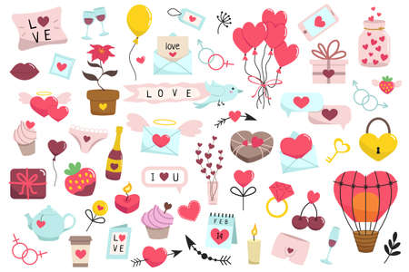 Valentine's day big cute set of doodle illustrations. The 14th of February. Letters, hearts, chat, love, birdie, candle, air balloons, panties, champagne, glasses, ring, gifts, strawberries. vector illustration.のイラスト素材