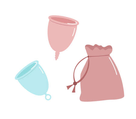 Beige and blue menstrual cup with bag. Vector doodle illustration.のイラスト素材
