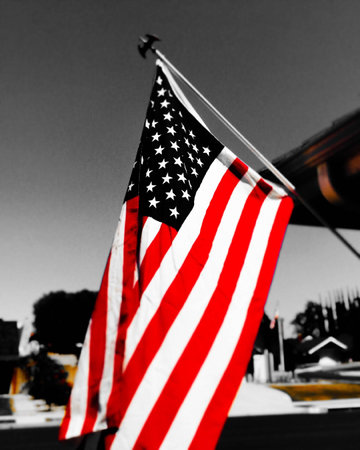 Vibrant flag flying in neighborhood.