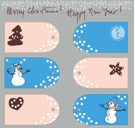 Greeting c set mary christmas with hand drawn snowman and ginger bred and moonのイラスト素材