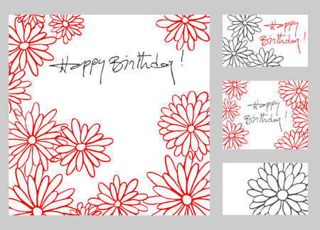 Happy birthday greetings cards set with hand drawn flowersのイラスト素材