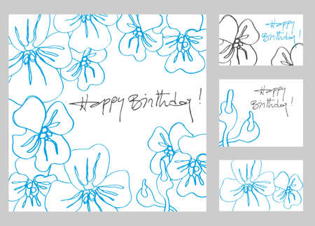 Happy birthday greetings cards set with hand drawn flowersのイラスト素材