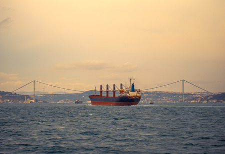 Bosphorus Bridge and cargo ship.の写真素材