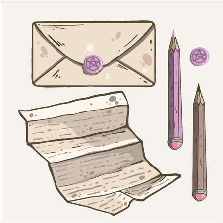 Letter, envelope, sealing and pencile vintage setのイラスト素材