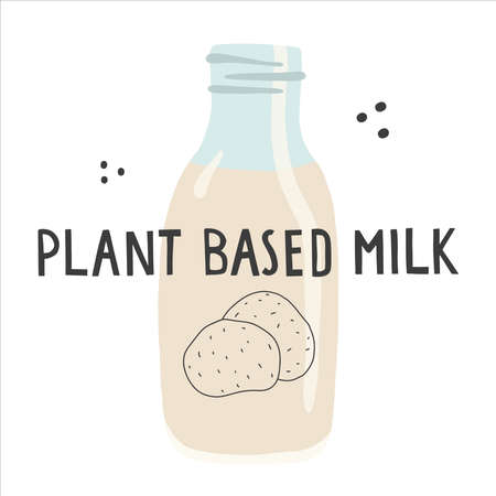 Plant based potato milk glass with tube and lettering. Vegan drinkのイラスト素材