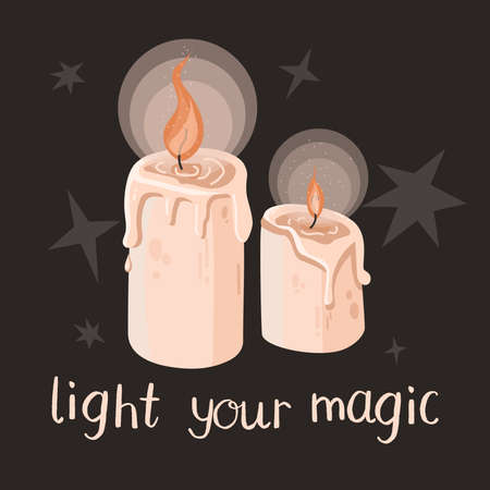 Two burning magic wax candles with quote on a dark backgroundのイラスト素材