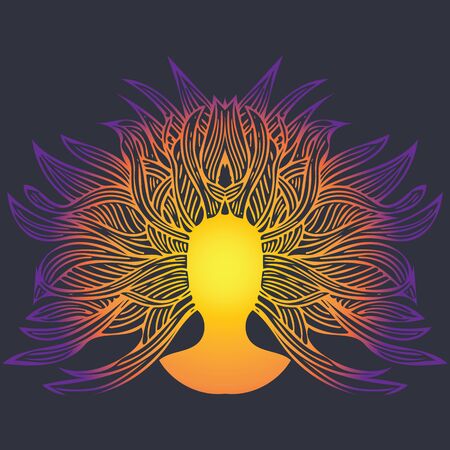 Sunset colors female silhuette. Doodle. Hand drawnのイラスト素材