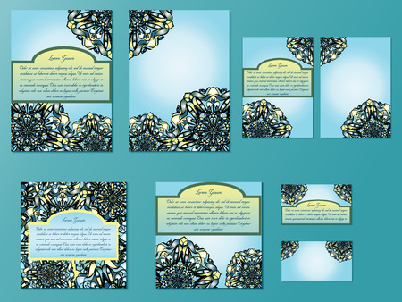 Blue and green set of brochures, flyers, invitations and business cards. Nice hand-drawn illustrationのイラスト素材