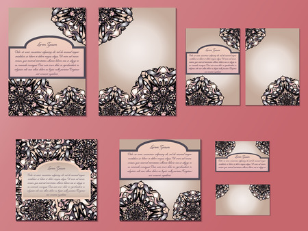 Beige and pink set of brochures, flyers, invitations and business cards. Nice hand-drawn illustrationのイラスト素材