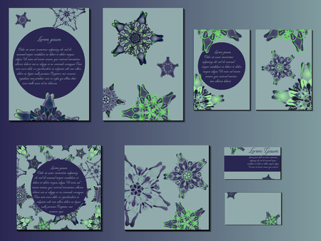 Blue and green star-like designed brochures, business cards and invitations. Nice hand-drawn illustrationのイラスト素材