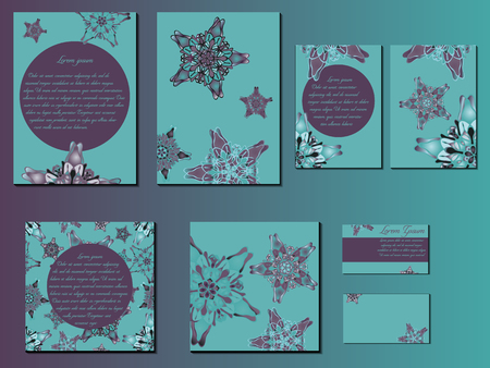 Green and violet star-like designed brochures, business cards and invitations. Nice hand-drawn illustrationのイラスト素材