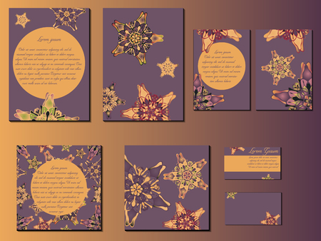 Violet and orange star-like designed brochures, business cards and invitations. Nice hand-drawn illustrationのイラスト素材
