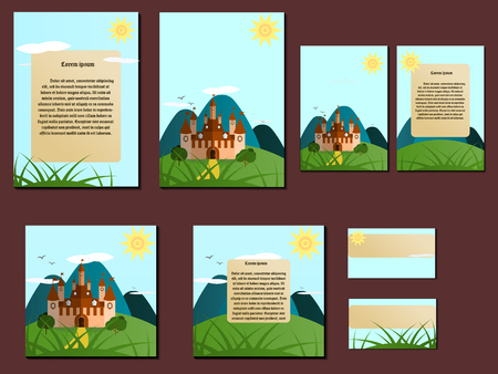 Green and blue colorful brochures, business cards with castle design. Nice and simple illustrationのイラスト素材