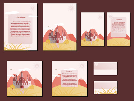 Red and orange colorful brochures, business cards with castle design. Nice and simple illustrationのイラスト素材