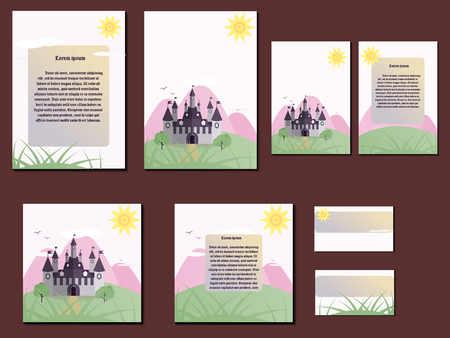 Pastel green and pink colorful brochures, business cards with castle design. Nice and simple illustrationのイラスト素材