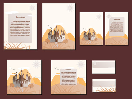 Beige and orange colorful brochures, business cards with castle design. Nice and simple illustrationのイラスト素材