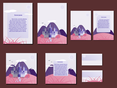 Pink and violet colorful brochures, business cards with castle design. Nice and simple illustrationのイラスト素材