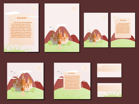 Green and orange colorful brochures, business cards with castle design. Nice and simple illustrationのイラスト素材