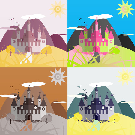 Set of day castle landscapes. Nice and simple illustrationのイラスト素材