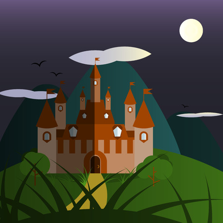 Dark violet and green night castle landscape. Nice and simple illustrationのイラスト素材
