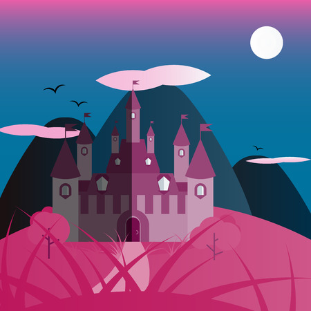 Pink and blue night castle landscape. Nice and simple illustrationのイラスト素材