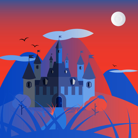 Orange and blue night castle landscape. Nice and simple illustrationのイラスト素材