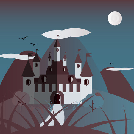 Blue and red night castle landscape. Nice and simple illustrationのイラスト素材