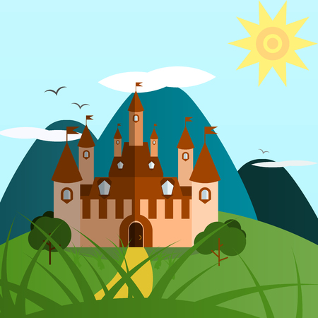 Green and blue day castle landscape. Nice and simple illustrationのイラスト素材