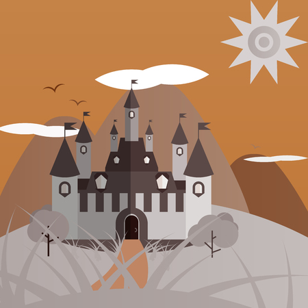 Gray and orange day castle landscape. Nice and simple illustrationのイラスト素材
