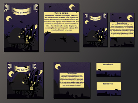 Violet and yellow brochures and business cards with halloween castle. Nice vector illustrationのイラスト素材