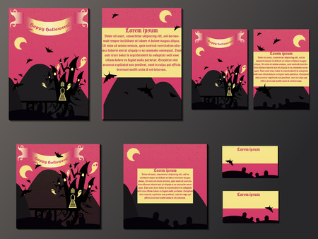 Pink and yellow brochures and business cards with halloween castle. Nice vector illustrationのイラスト素材