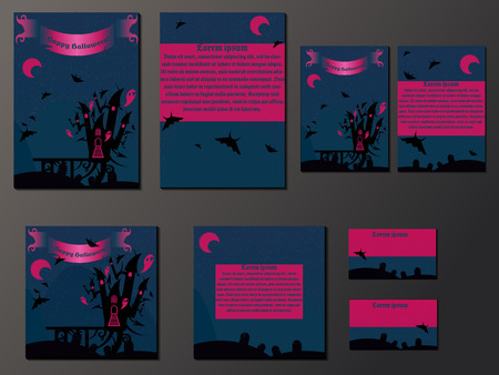 Blue and pink brochures and business cards with halloween castle. Nice vector illustrationのイラスト素材