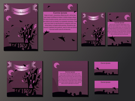 Purple brochures and business cards with halloween castle. Nice vector illustrationのイラスト素材