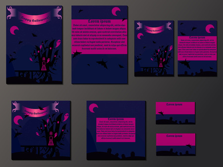 Violet and pink brochures and business cards with halloween castle. Nice vector illustrationのイラスト素材