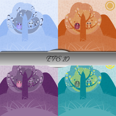 Set of owls in love sitting on a tree. nice vector illustrationのイラスト素材