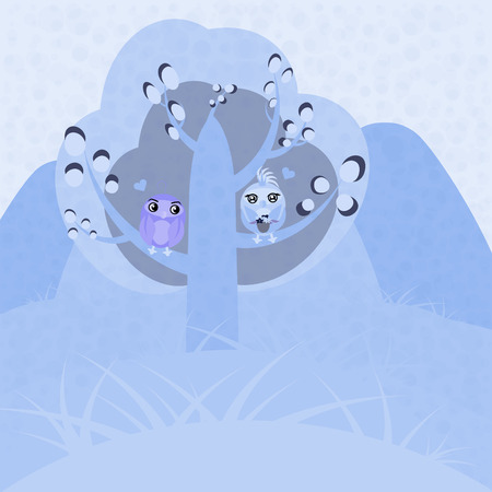 Two owls in love on a tree. Nice vector illustrationのイラスト素材