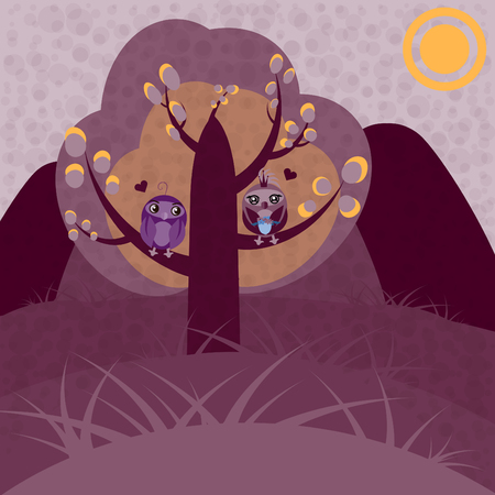 Two owls in love on a tree. Nice vector illustrationのイラスト素材