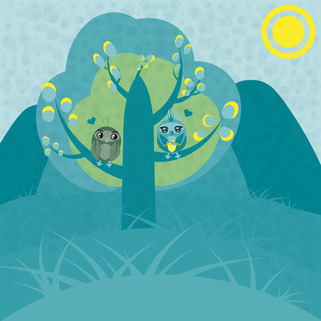 Two owls in love on a tree. Nice vector illustrationのイラスト素材