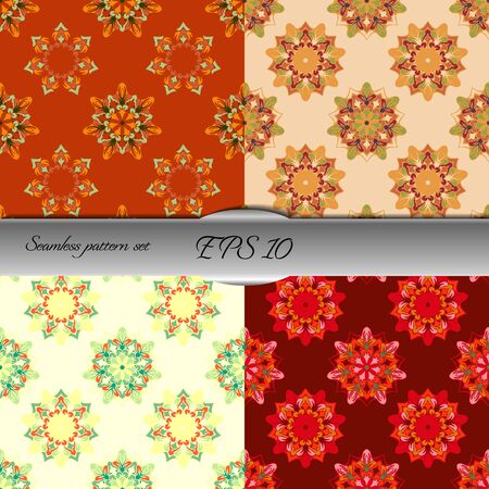 Set of elegant seamless patterns with floral and Mandala elements. Nice hand-drawn illustrationのイラスト素材