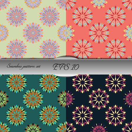 Set of elegant seamless patterns with floral and Mandala elements. Nice hand-drawn illustrationのイラスト素材