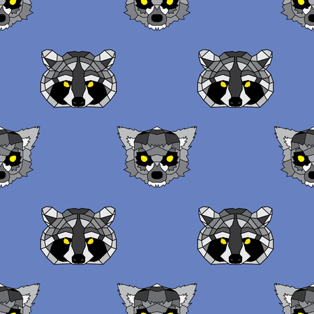 Raccoon and lemur seamless geometric pattern. Low polygonal vector graphic designのイラスト素材