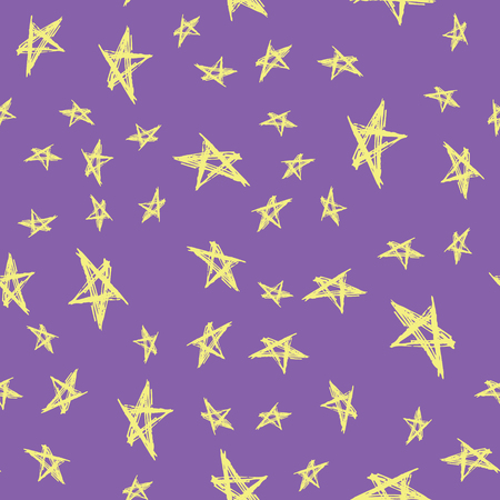 Purple and yellow doodle stars seamless pattern. Hand drawn vector graphic desighn.のイラスト素材